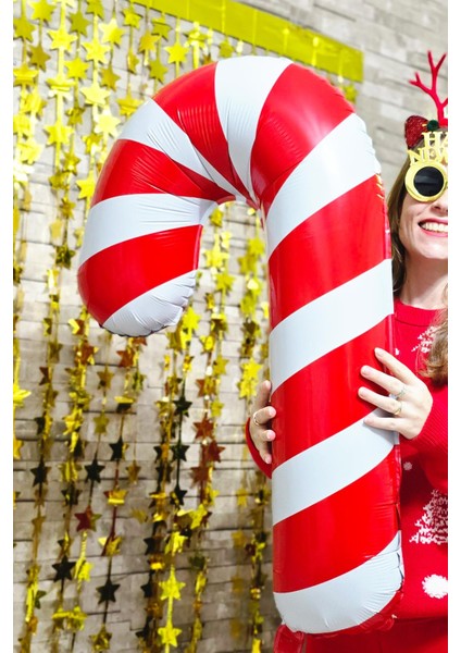 Büyük Kırmızı Beyaz Baston Şeker Folyo Balon Yılbaşı Süslemesi Büyük Baston Şeker Balon 90CM fiyatları