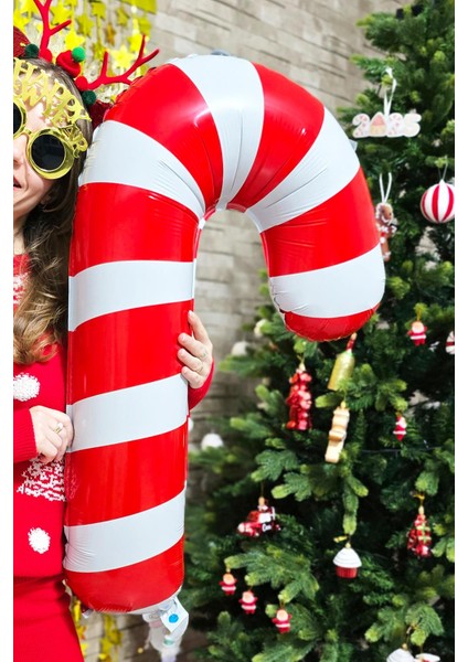 Büyük Kırmızı Beyaz Baston Şeker Folyo Balon Yılbaşı Süslemesi Büyük Baston Şeker Balon 90CM modelleri