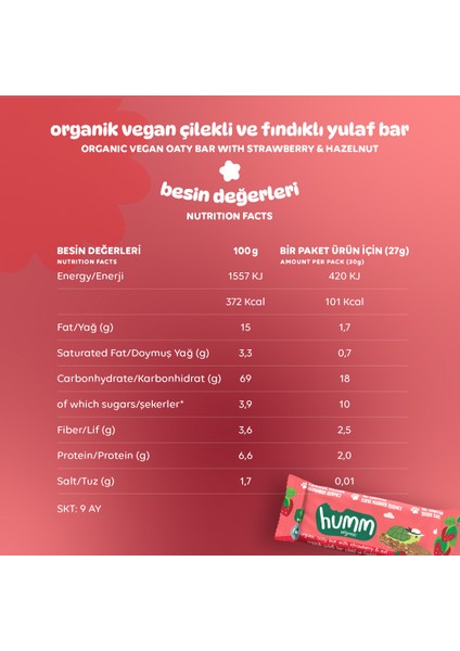 Organik Vegan Çilekli ve Fındıklı Yulaf Bar - 6 Adet