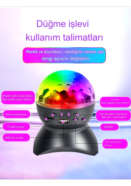 360 Derece Dönebilen Disko Topu Bluetooth Hoparlör Parti LED Lambası Usb-Sd Kart - Aux Girişli L740