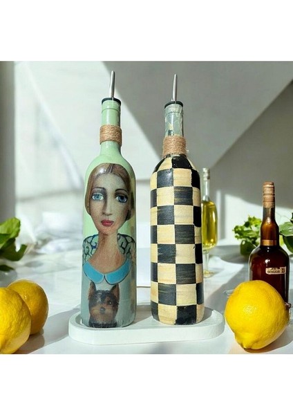Kadın Desenli ve Kareli 750 ml Zeytinyağı Sıvıyağ Şişesi Yağdanlık Yağlık Sirkelik Sosluk 2'li Set