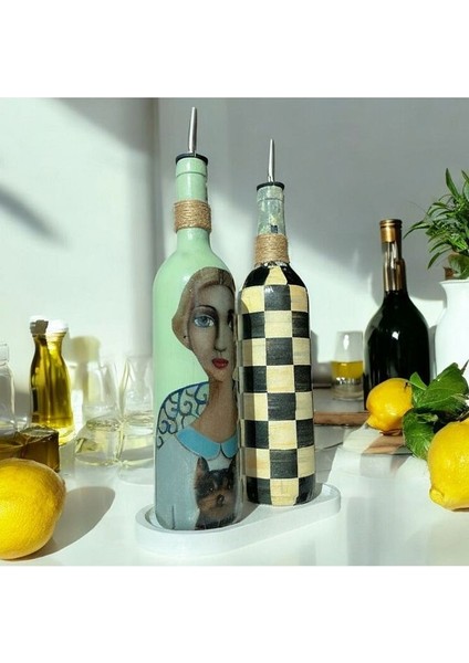 Kadın Desenli ve Kareli 750 ml Zeytinyağı Sıvıyağ Şişesi Yağdanlık Yağlık Sirkelik Sosluk 2'li Set