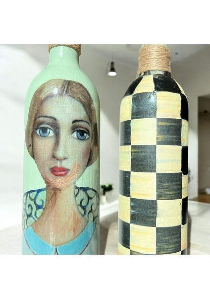 Kadın Desenli ve Kareli 750 ml Zeytinyağı Sıvıyağ Şişesi Yağdanlık Yağlık Sirkelik Sosluk 2'li Set