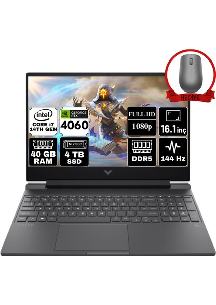 Hp Victus 16 Intel Core I7-14700HX 40GB 4tb SSD RTX4060/8GB 144Hz Fhd 16.1" Windows 11 Home Taşınabilir Bilgisayar 9J234EA-A52 & Anzar Mouse