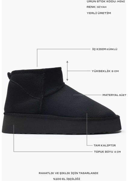 Mini Siyah Süet Içi Kürklü Kalın Taban Kadın Bot modelleri