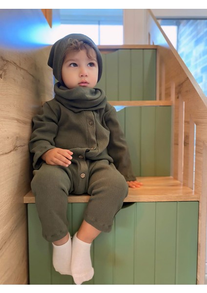 Unisex Bere Boyunluklu Tulum Haki Yeşili