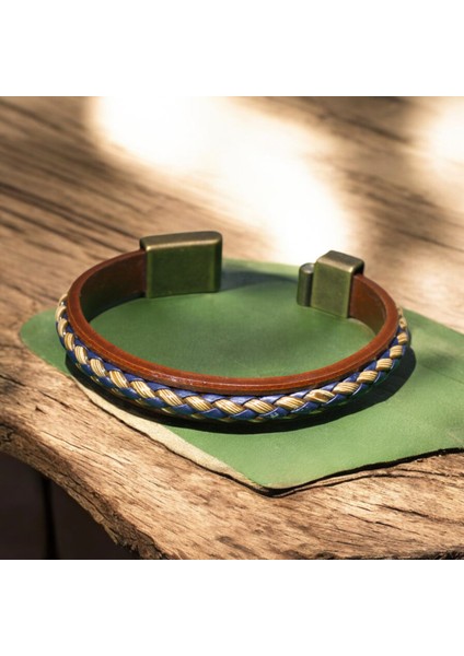 Kahverengi Deri ve Hasır Örgü Bileklik - Lacivert ve Krem Renk Kombinasyonu, Metal Mıknatıs Kapama