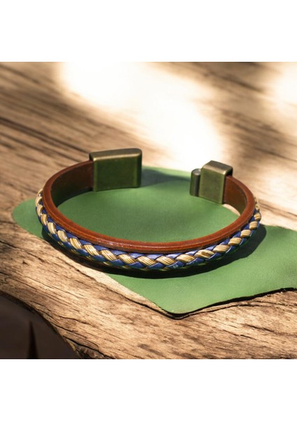 Kahverengi Deri ve Hasır Örgü Bileklik - Lacivert ve Krem Renk Kombinasyonu, Metal Mıknatıs Kapama fiyatları