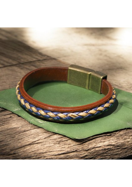 Kahverengi Deri ve Hasır Örgü Bileklik - Lacivert ve Krem Renk Kombinasyonu, Metal Mıknatıs Kapama modelleri