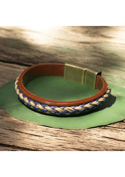 Kahverengi Deri ve Hasır Örgü Bileklik - Lacivert ve Krem Renk Kombinasyonu, Metal Mıknatıs Kapama fırsatları