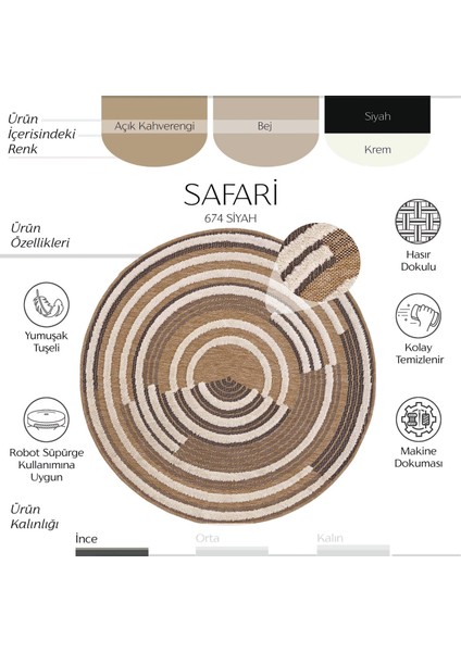Safari 674 Siyah Iskandinav Yuvarlak Dekoratif Etnik Halı Natural Mutfak Halısı Rüstik Retro Halı
