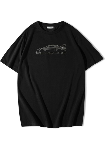 Oversize Porsche Kristal Taş Baskılı T-Shirt