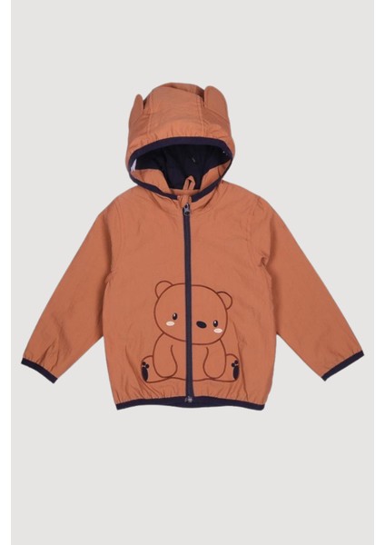 Ayıcık Nakışlı Kapüşonlu Yağmurluk Hafif Mevsimlik Erkek Çocuk Mont