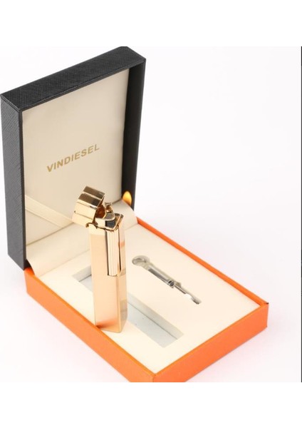Vindiesel Dupont Tarz Slim Kare Metal Çakmak - Gold - Taşlı Gazlı