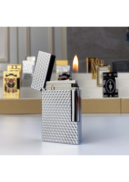 Vindiesel Dupont Tarz Soft Flame Çakmak Parlak Krom Mini Kare Kabartma Dizayn