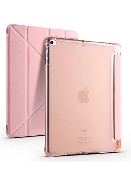 Apple iPad 9.7 2017 (5.nesil) Uyumlu Tablet Kılıfı Tri Folding Kalem Bölmeli Kılıf, Rose Gold