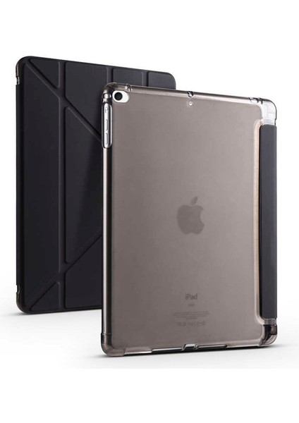Apple iPad 9.7 2017 (5.nesil) Uyumlu Tablet Kılıfı Tri Folding Kalem Bölmeli Kılıf, Siyah