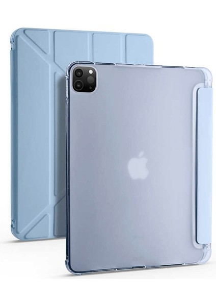 Apple iPad Pro 12.9 2022 M2 Uyumlu Tri Folding Kalem Bölmeli Tablet Kılıfı, Mavi