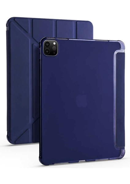 Apple iPad Pro 12.9 2022 M2 Uyumlu Tri Folding Kalem Bölmeli Tablet Kılıfı, Lacivert