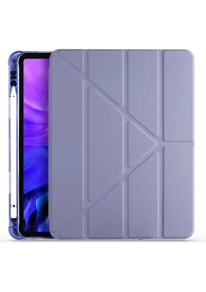 Apple iPad Air 11 2024 Uyumlu Tablet Kılıfı Tri Folding Kalem Bölmeli Standlı Katlanabilir Kılıf, Lila
