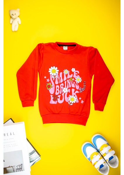 Kız Çocuk Giyim - Yumuşacık Şirin Çiçek Baskılı Sweatshirt modelleri