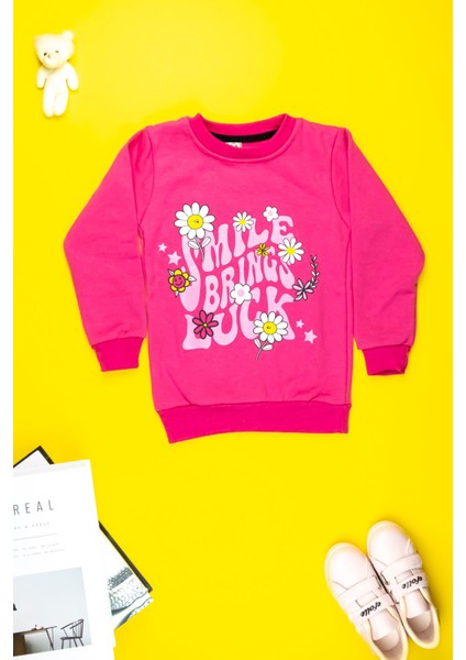 Kız Çocuk Giyim - Yumuşacık Şirin Çiçek Baskılı Sweatshirt