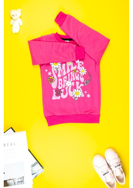 Kız Çocuk Giyim - Yumuşacık Şirin Çiçek Baskılı Sweatshirt modelleri