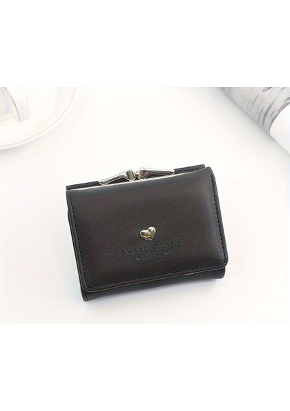 Tcherchı Trendy Aşk Kalp Dekor Üçe Katlanmış Kısa Sıfır Cüzdan, Sevimli Çoklu Kart Yuvaları Kredi Kartı Tutucu Siyah (Yurt Dışından)