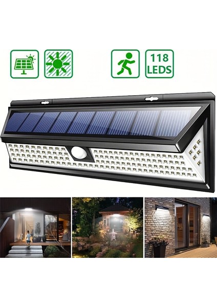 Dış Mekan Için Hareket Sensörlü 118 LED Güneş Enerjili Duvar Lambası Siyah (Yurt Dışından)