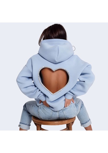 Kadın Mavi Sırtı Kalp Kesim Taşlı Kapüşonlu Oversize Sweatshirt HZL25W-DSB12701