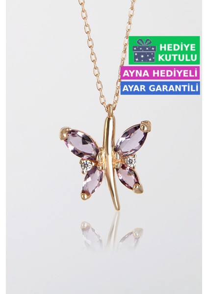 Mor Ametist Renkli Gümüş Kelebekli Kolye 18 Ayar Rose Altın Kaplama Kelebekli Aşk Kolye 925 Ayar Gümüş Kadın Kolye | Bayan Gümüş Kelebek Kolyesi Zirkon Taşlı Kelebek Kolye Kadın Gümüş Kolye