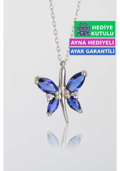 Safir Mavi Renkli Gümüş Kelebekli Kolye 18 Ayar Beyaz Altın Kaplama Kelebekli Aşk Kolye 925 Ayar Gümüş Kadın Kolye | Bayan Gümüş Kelebek Kolyesi Zirkon Taşlı Kelebek Kolye Kadın Gümüş Kolye