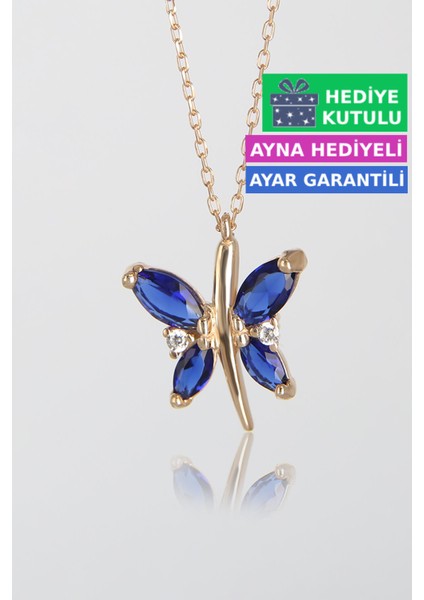 Safir Mavi Renkli Gümüş Kelebekli Kolye 18 Ayar Rose Altın Kaplama Kelebekli Aşk Kolye 925 Ayar Gümüş Kadın Kolye | Bayan Gümüş Kelebek Kolyesi Zirkon Taşlı Kelebek Kolye Kadın Gümüş Kolye