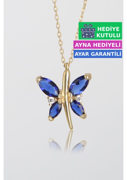 Safir Mavi Renkli Gümüş Kelebekli Kolye 18 Ayar Sarı Altın Kaplama Kelebekli Aşk Kolye 925 Ayar Gümüş Kadın Kolye | Bayan Gümüş Kelebek Kolyesi Zirkon Taşlı Kelebek Kolye Kadın Gümüş Kolye