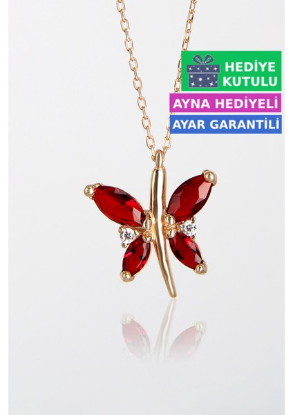 Garnet Kırımızı Gümüş Kelebekli Kolye 18 Ayar Rose Altın Kaplama Kelebekli Aşk Kolye 925 Ayar Gümüş Kadın Kolye | Bayan Gümüş Kelebek Kolyesi Zirkon Taşlı Kelebek Kolye Kadın Gümüş Kolye