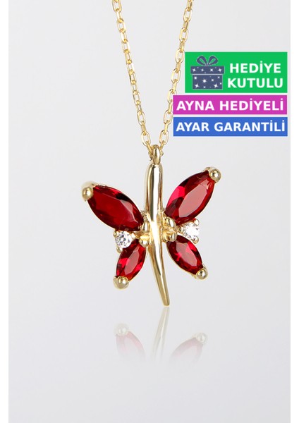 Garnet Kırımızı Gümüş Kelebekli Kolye 18 Ayar Sarı Altın Kaplama Kelebekli Aşk Kolye 925 Ayar Gümüş Kadın Kolye | Bayan Gümüş Kelebek Kolyesi Zirkon Taşlı Kelebek Kolye Gold Kadın Gümüş Kolye