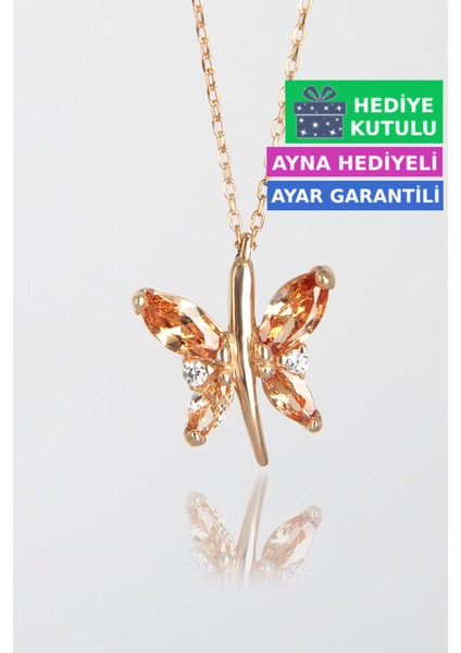 Sitrin Renkli Gümüş Kelebekli Kolye 18 Ayar Rose Altın Kaplama Kelebekli Aşk Kolye 925 Ayar Gümüş Kadın Kolye | Bayan Gümüş Kelebek Kolyesi Zirkon Taşlı Kelebek Kolye Kadın Gümüş Kolye