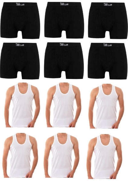 Ekonomik Paket Toplam 12 Parça 6 Adet Siyah Likralı Boxer , 6 Adet Klasik Askılı Beyaz Atlet Esnek Kumaş , Slim Kalıp