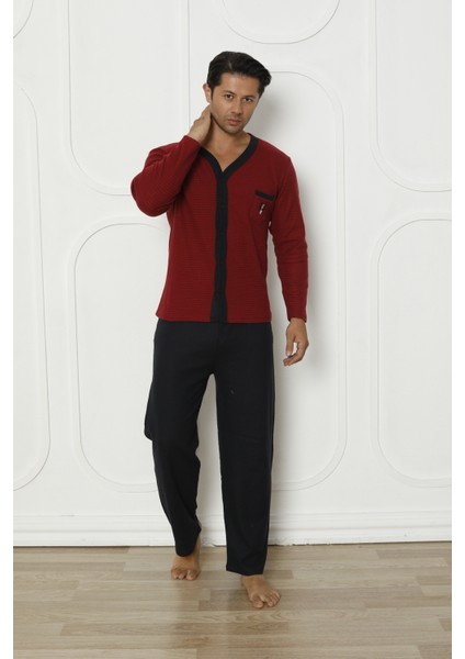 Flkm 5000 Boydan Düğmeli Kışlık Interlok Kalın Kumaş Erkek Ev Pijama Takımı
