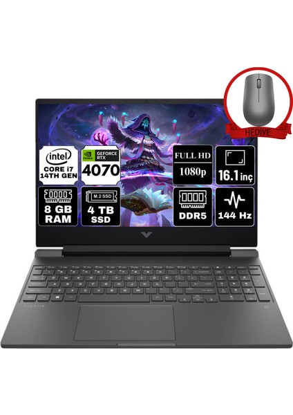 Hp Victus 16 Intel Core I7-14700HX 8gb 4tb SSD RTX4070/8GB 16.1" Fhd 144Hz Freedos Taşınabilir Bilgisayar 9J217EA-A4 & Anzar Mouse