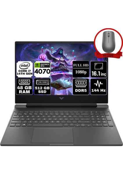 Hp Victus 16 Intel Core I7-14700HX 48GB 512GB SSD RTX4070/8GB 16.1" Fhd 144Hz Freedos Taşınabilir Bilgisayar 9J217EA-A21 & Anzar Mouse