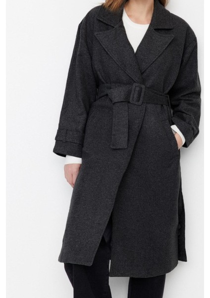 Kadın Moda Şık Bol Ceket Yaka Uzun Düz Astarlı Oversize Geniş Kesim Kemerli Uzun Yünlü Kaşe Kaban