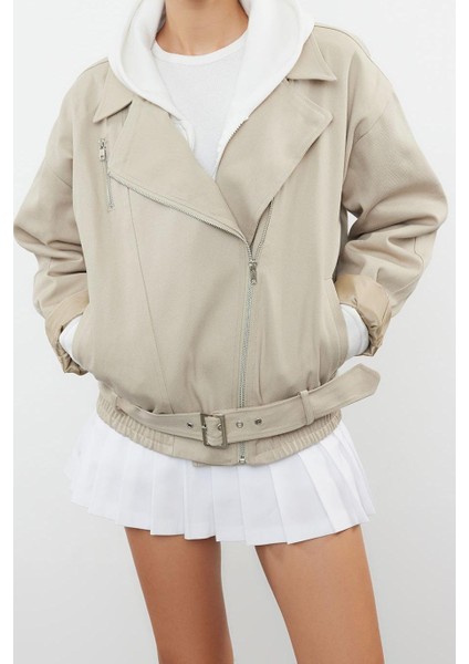 Kadın Moda Şık Oversize Gömlek Yaka Standart Düz Astarlı Kemerli Gabardin Biker Ince Ceket Mont