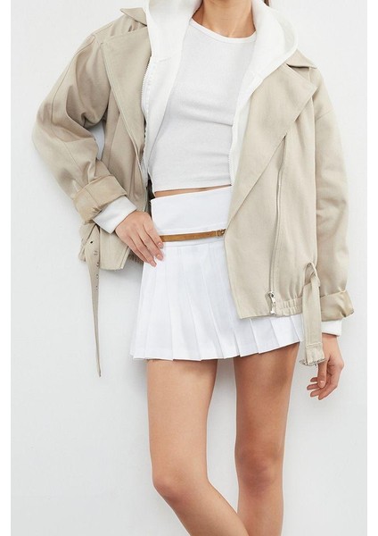 Kadın Moda Şık Oversize Gömlek Yaka Standart Düz Astarlı Kemerli Gabardin Biker Ince Ceket Mont