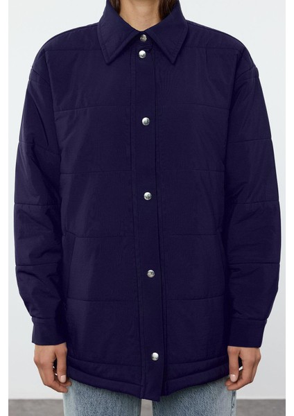 Kadın Moda Şık Bol Gömlek Yaka Midi Düz Astarlı Oversize Kapitone Şişme Mont