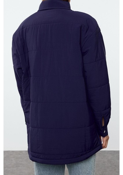 Kadın Moda Şık Bol Gömlek Yaka Midi Düz Astarlı Oversize Kapitone Şişme Mont