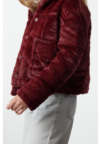 Kadın Moda Şık Bol Dik Yaka Standart Düz Astarlı Oversize Içi Kapitone Detaylı Peluş Mont