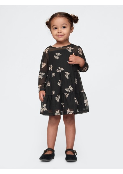 Kız Bebek Siyah Tül Detaylı Desenli Elbise