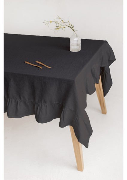 Perla | Fırfırlı Keten Gri Masa Örtüsü 140 x 180 cm