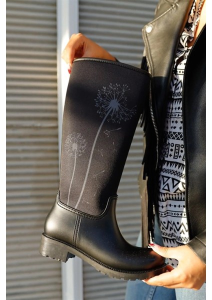Kafkaslar Uzun Desenli Renkli Siyah Bayan Su Geçirmez Yağmur Çizmesi modelleri